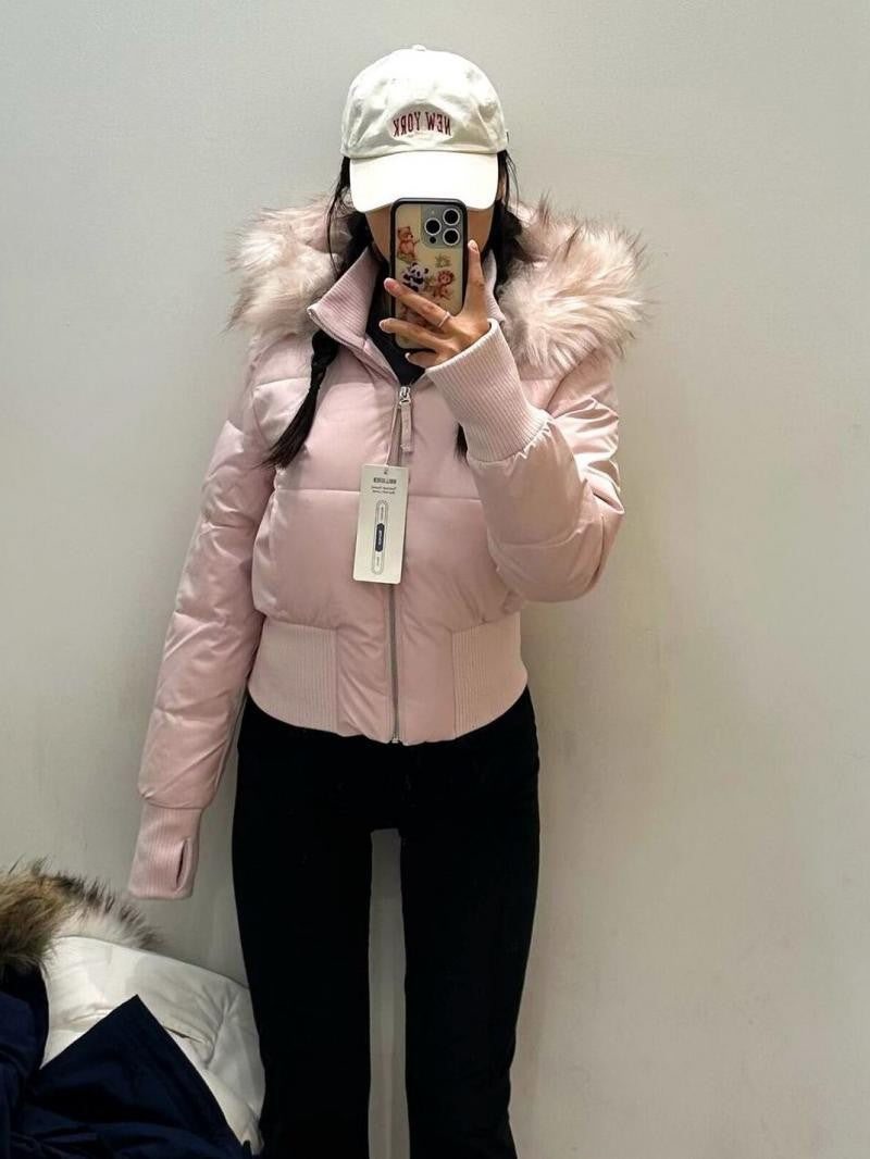Fashion Women's Cotton Jacket Fur Collar Zipper Slim Waist Pocket Warm Thicken Coat Autumn Winter Hooded Jacket Lady Outwears