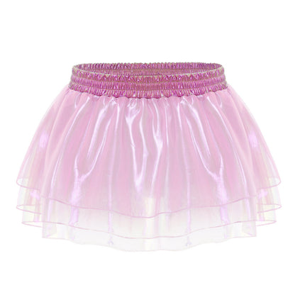 Womens Tiered A-line Pleated Short Skirt Shiny Glitter Skirt for Rave Festival Pole Dance Bar Party Skirt Night Club Costume