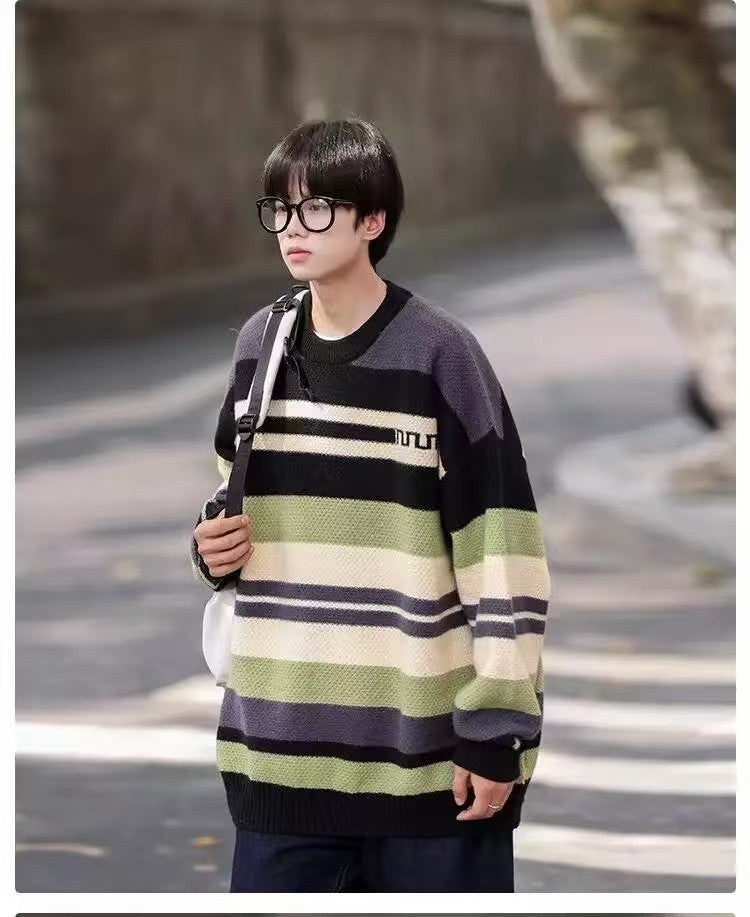 Simple Versatile Trendy Men's Crew Neck Sweater Contrasting Stripes Casual Loose Neutral Style Pullover