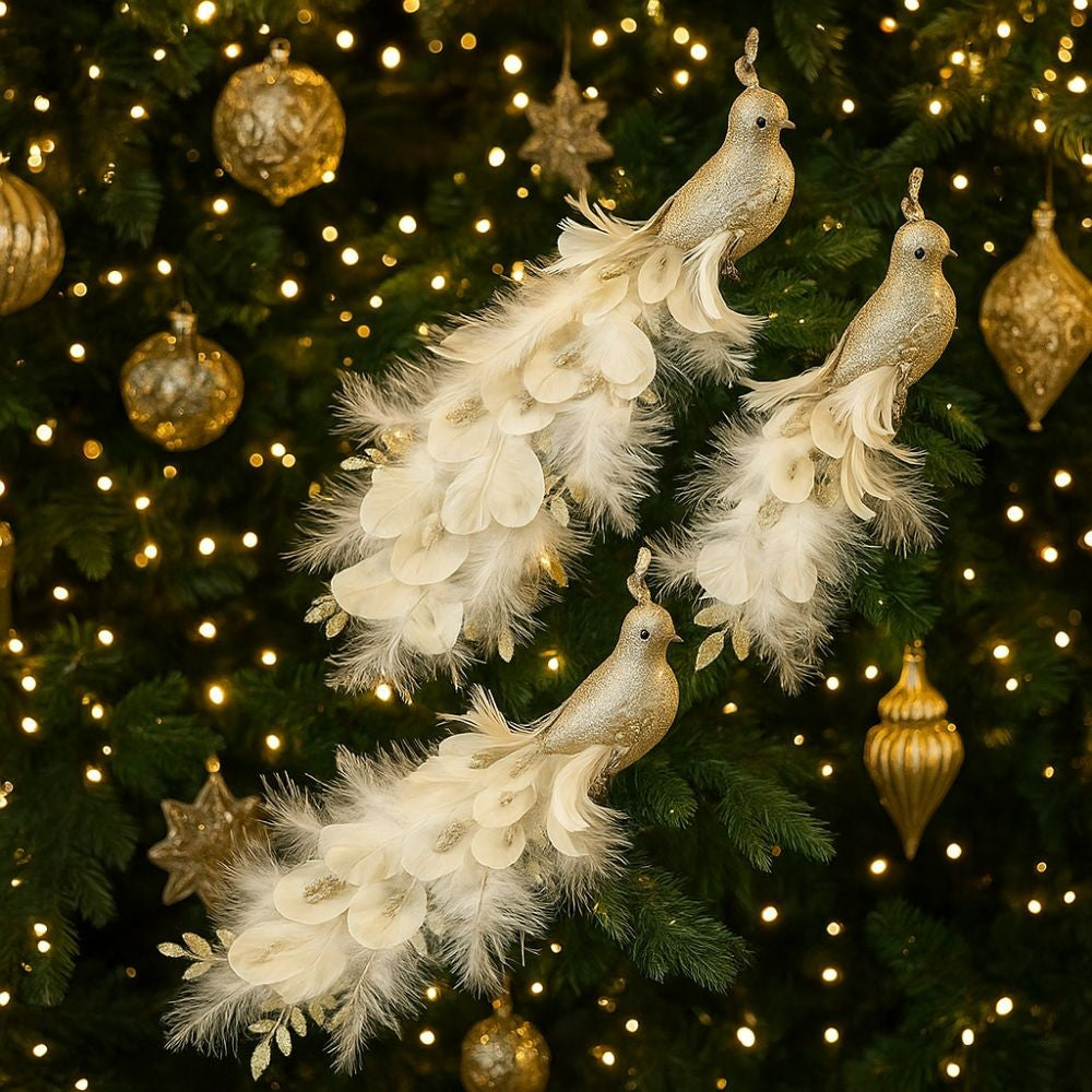 Long Tail Christmas Peacock Ornaments Realistic Glimmering Feather Peacock Bird Figurine Handmade with Clip Christmas Tree Decor