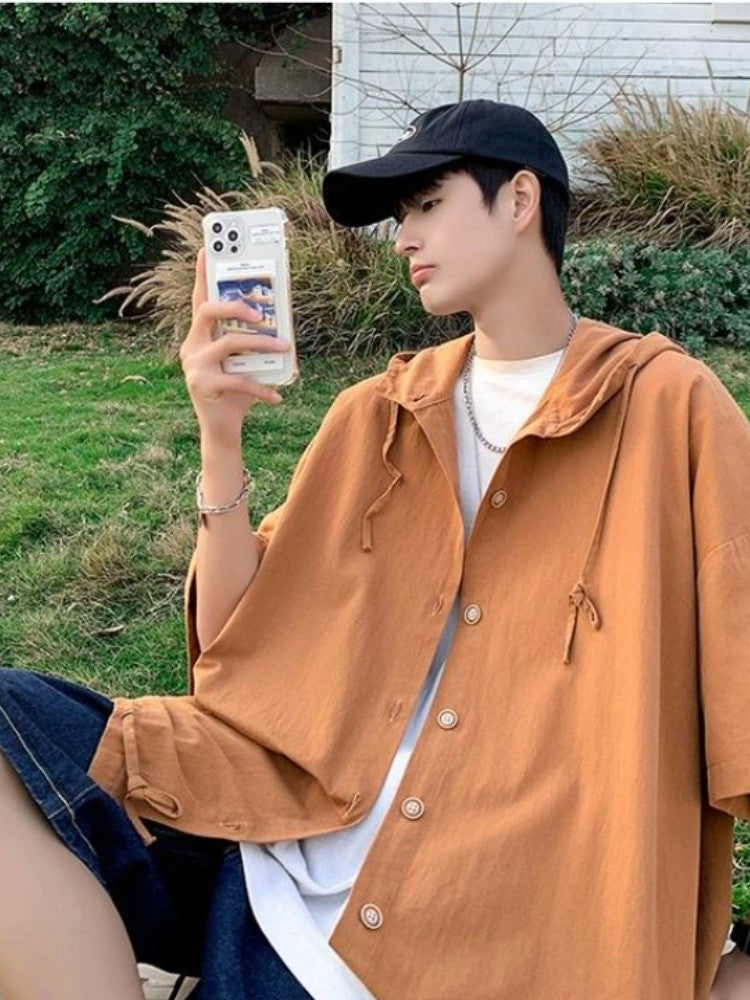 Gmiixder Hooded Short-sleeved Shirts for Men Women Japan Summer Trend Cityboy Solid Blouse Unisex Cargo Button Up Shirt Jacket