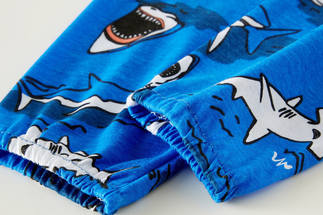 Age 1-8 Kids Sleepwear 4 Seasons  Cotton Full Print Cartoon Shark Pajamas Boys  Daily Basic Long Sleeved Soft Loungwear Set