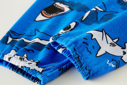Age 1-8 Kids Sleepwear 4 Seasons  Cotton Full Print Cartoon Shark Pajamas Boys  Daily Basic Long Sleeved Soft Loungwear Set