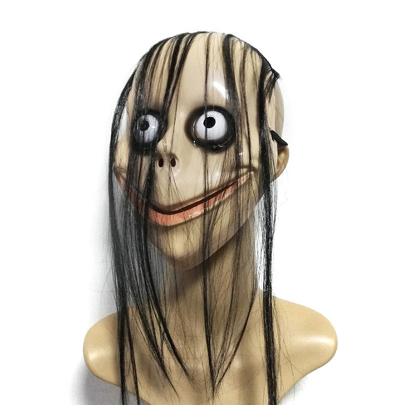 Halloween MO MO Mask With Long Hair Big Eyes Funny Mask Horror Ghost Party Costume Props V-shaped Mouth Mask Halloween Cosplay