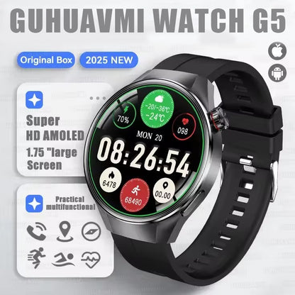 Smartwatch 2025 Original G5 Plus, Tela AMOLED HD de 1,75", Rastreamento GPS, Frequência Cardíaca, Chamada Bluetooth, Bússola para Homens