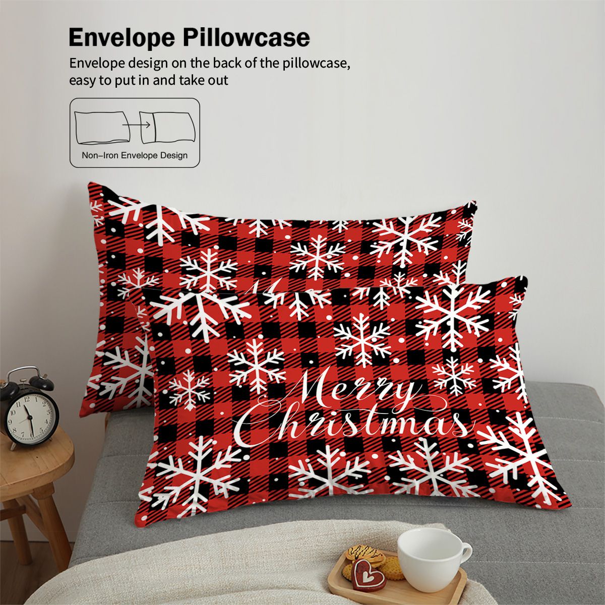 3-piece Christmas themed red checkered Christmas Happy English pattern print (1 duvet cover+2 pillowcases, no core) bedding set