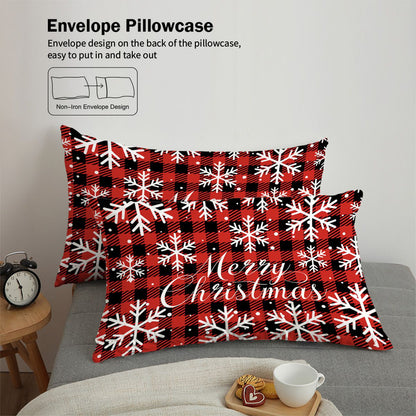 3-piece Christmas themed red checkered Christmas Happy English pattern print (1 duvet cover+2 pillowcases, no core) bedding set