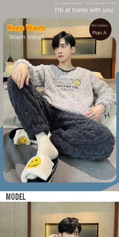 Thickened Warm Sleepwear for Winter Coral Velvet Autumn and Winter Men Flannel Loungewear Large Size 2 Piece Set Homewear