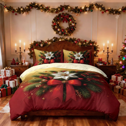 3pcs Christmas red floral print coreless duvet cover set multi size bedroom bedding holiday decoration soft  machine washable
