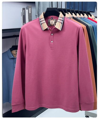 Luxury brand long sleeve polo shirt men comfortable casual autumn item silk cotton high-end Korean fashion plaid lapel T-shirt