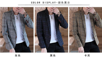 Men's casual plaid suit jacket, fashionable and versatile slim-fitting top, stylish plaid suit