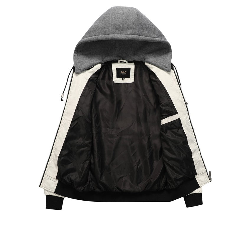 Men's Leather Bomber Jacket Windproof and rainproof Scorpion Embroidery Hooded Jacket PU Leather Winter, Drive