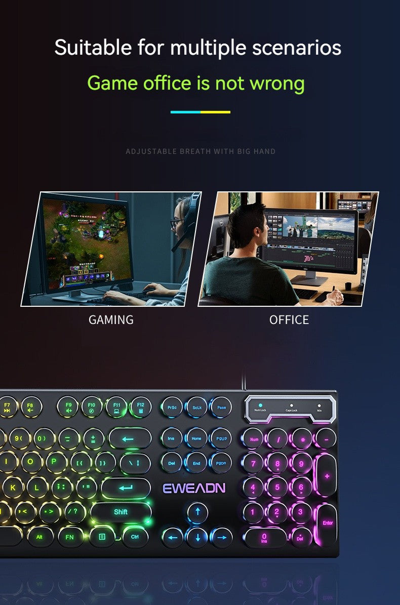 Teclado Gamer EWEADN GX330 Typewriter, 104 Teclas Retro Punk com Teclas Redondas com Fio, com Luz de Fundo RGB, para PC Laptop Windows preto