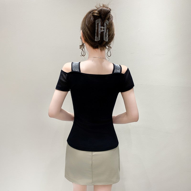 Summer New Fashion Cartoon T-shirt Chic Hollow Out Hot Diamonds Tees Sexy Off Shoulder Short Sleeve Women's Tops Blouse