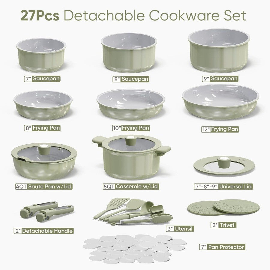 27pcs Ceramic Cookware Set Nonstick, Pots and Pans Set Non stick, Non Toxic Cookware, Dishwasher/Oven Safe, RV/Camping Cookware