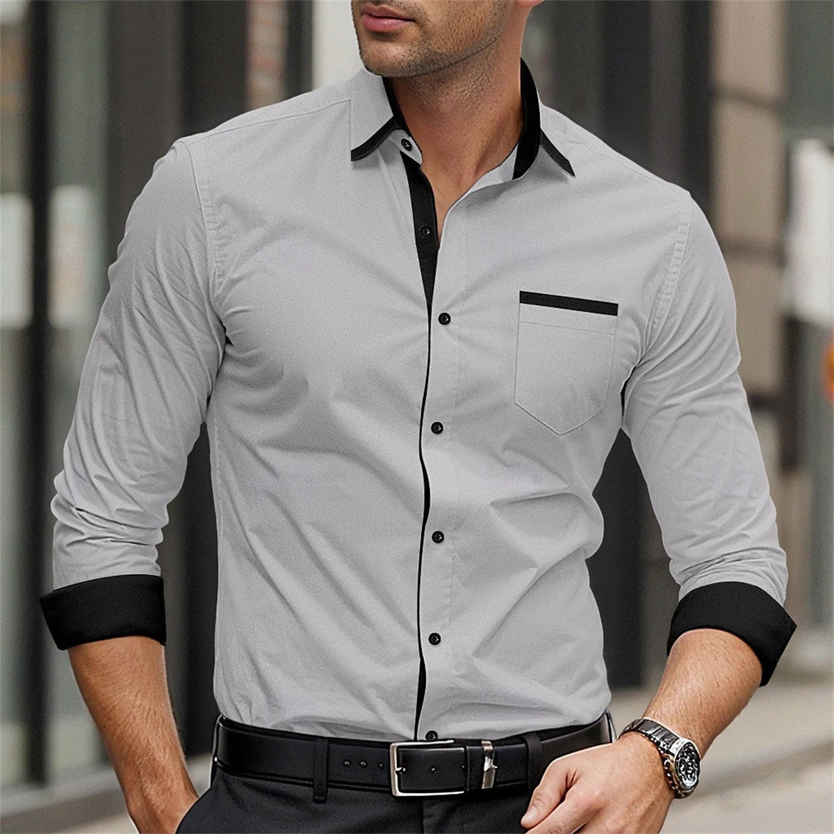 New men's formal button up shirt long sleeved solid color lapel for spring and autumn weddings, daily pocket patchwork clothing