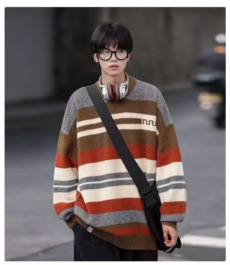 Simple Versatile Trendy Men's Crew Neck Sweater Contrasting Stripes Casual Loose Neutral Style Pullover