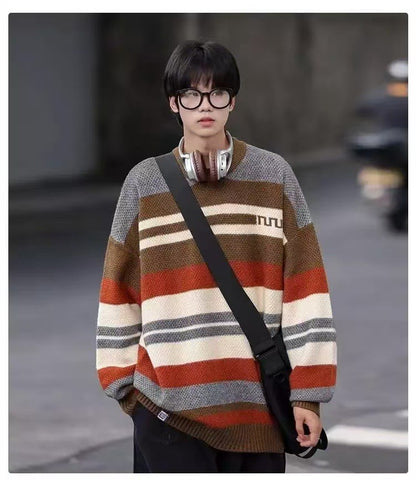 Simple Versatile Trendy Men's Crew Neck Sweater Contrasting Stripes Casual Loose Neutral Style Pullover