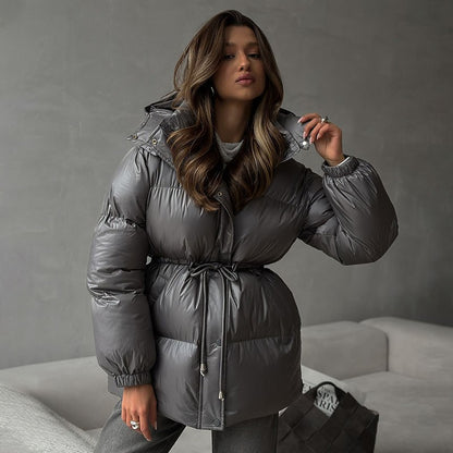 Glossy Shiny Women 's Down Jackets Vintage Hooded Zipper Puffer Full Sleeve Jackets For Woman 2025 Woman Winter Coats Outwears