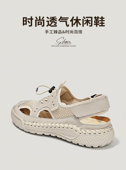Sandals men's tide summer new style leather toe cap outdoor leisure sports hollow sandals beach shoes Handmade mesh men shoes
