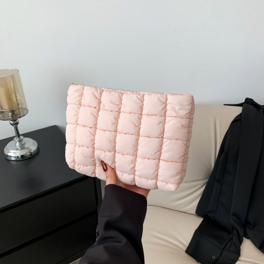 Elegant Puffy Quilted Padded Makeup Bag Zipper Storage Bag Cotton Clutch Bag Handbag Solid Color Cosmetic Bag Lady