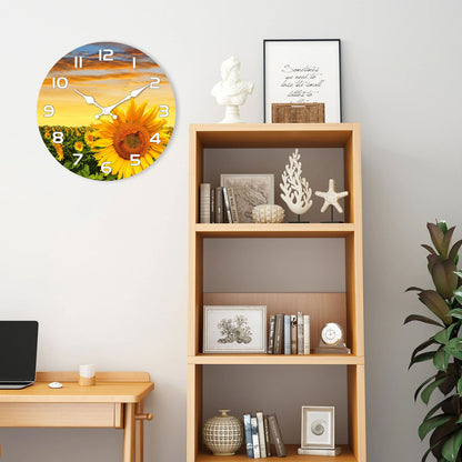 1pc wooden wall clock, Sunflower Garden design wall clock at sunset, round silent clock, for living room bedroom, room decoratio