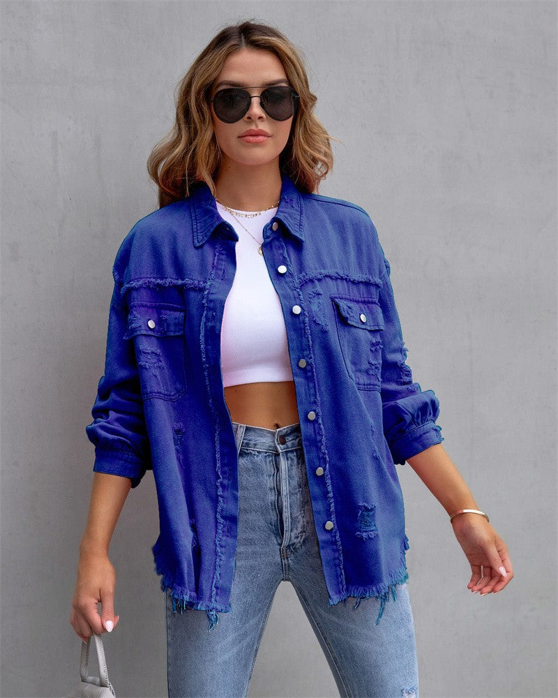 2025 Holes Raw-edges Denim Jacket Women Spring Autumn Shirt Style Jeancoat Casual Top Rose-Red Orange Purple Outerwear Lady Coat