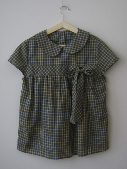 Vintage Plaid Shirts Women Japanese Harajuku Bow Peter Pan Collar Blouses Summer Korean Aesthetic Short Sleeve Casual Tops New