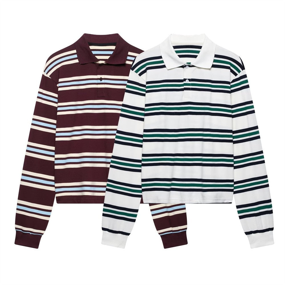 UNIZERA 2025 Women's Long - Sleeve Striped Polo - style Shirts in Burgundy and White with Contrasting Collars for a Casual Look