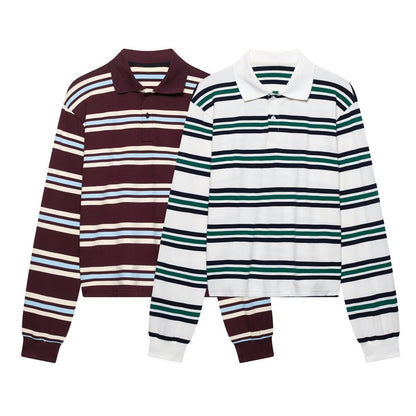 UNIZERA 2025 Women's Long - Sleeve Striped Polo - style Shirts in Burgundy and White with Contrasting Collars for a Casual Look