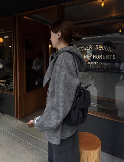 Korean Sle Woolen Coat Women's Chic Temperament Sweet Bow Tie Collar Hooded Warm Woolen Coat Long Sve Mid-Length