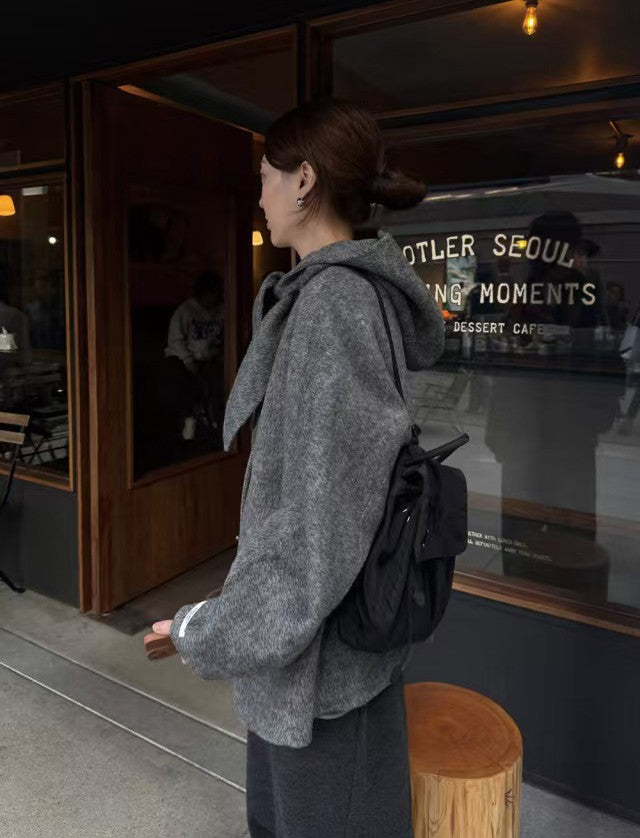 Korean Sle Woolen Coat Women's Chic Temperament Sweet Bow Tie Collar Hooded Warm Woolen Coat Long Sve Mid-Length