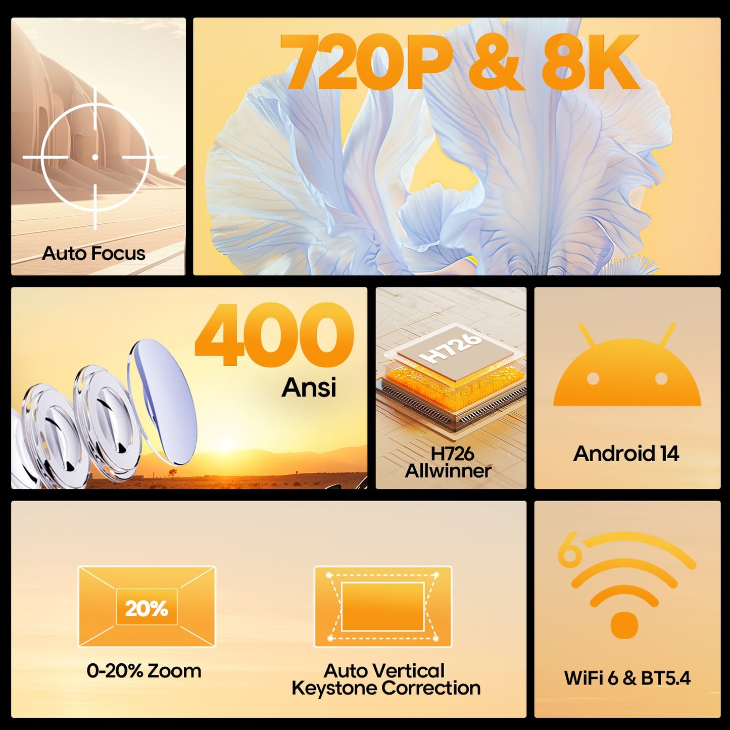 Magcubic Auto Focus Android 14 4K Projector 400ANSI 8K Native 720P HY300 Max With Wifi6 BT5.4 Allwinner H726 Portable Outdoor