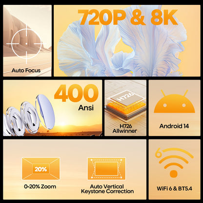 Magcubic Auto Focus Android 14 4K Projector 400ANSI 8K Native 720P HY300 Max With Wifi6 BT5.4 Allwinner H726 Portable Outdoor