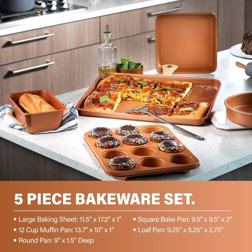 Conjunto de Utensílios de Cozinha de 15 Peças Gotham Steel Cerâmica Antiaderente Martelado com Panelas Fundas, Frigideiras, Assadeiras e Panela para Fritura Funda de Cobre