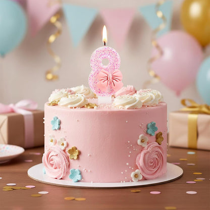 Pink Bow Number Candle Glitter Candle Cake Topper 0-9 for Birthday Anniversary Party Cake Decoration Gifts