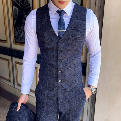 Dark Blue Men's Suit Three Piece, Business Casual Jacket and Vest with Trousers, Gray Dark Brown Slim Fit Sets, Asian Size