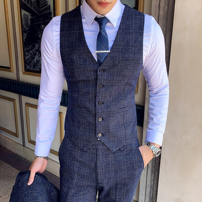 Dark Blue Men's Suit Three Piece, Business Casual Jacket and Vest with Trousers, Gray Dark Brown Slim Fit Sets, Asian Size