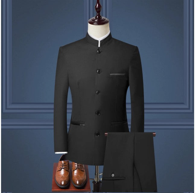 (Jacket+Pants) Men Fashion Simple Wedding Suit Black / Blue / Wine Red 2025 Homme Stand up Collar Business Social Dress 2Piece