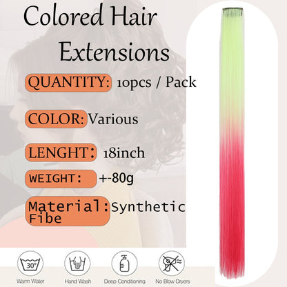 10 Pcs Clip in Hair Extensions Synthetic Colored Hair Extensions 18 Inch Party Highlights Long Straight Hairpieces for Women