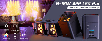 U'King 4PCS 6x18W 6IN1 RGBAW+UV Par Light with Bag DMX Remote Control WiFi Par Light Wireless LED Stage Light for DJ Bar Party