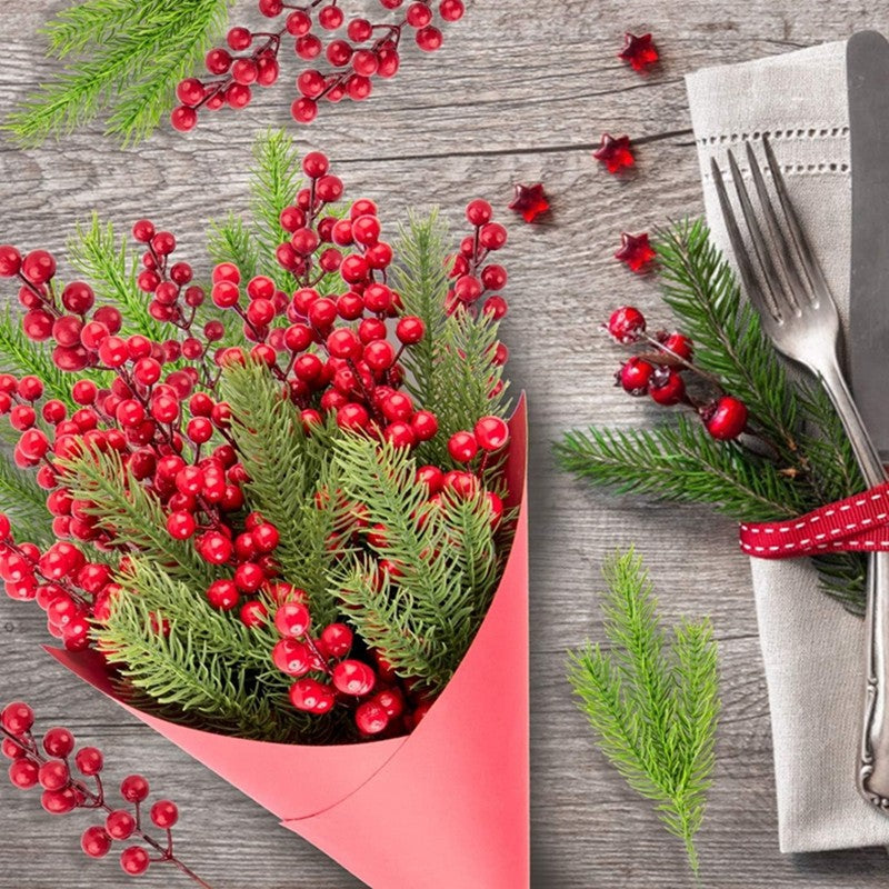 10Pcs Christmas Decoration Artificial Pine Branches Holly Berries Red Berry Branches for Christmas Tree Wreath Gifts Decoration