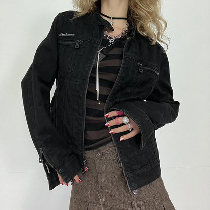 Rockmore Streetwear Double Zipper Denim Jackets Solid Casual Vintage Long Sleeve Outerwear Harajuku Cargo Style Women's Coats