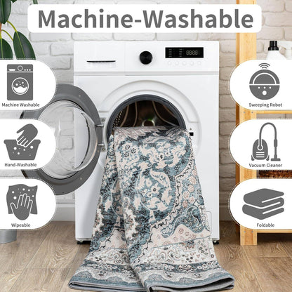 Area Rugs for Living Room, Machine Washable Vintage Rug, Non-Slip Low Pile Throw Rugs with Rubber Backing Washable Carpet