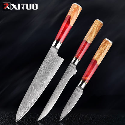 XITUO Conjunto de Facas de Cozinha de Aço Damasco de 1 a 9 Peças Inclui Faca do Chefe, Faca de Pão, Cutelo, Faca Santoku, Faca Nakiri para Desossar