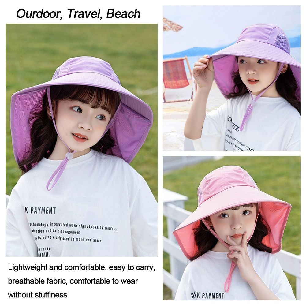 Children Summer Bucket Hats UV Protection Outdoor Beach Sun Hat Boy Girl Flap Cap Adjustable Wide Brim Cap
