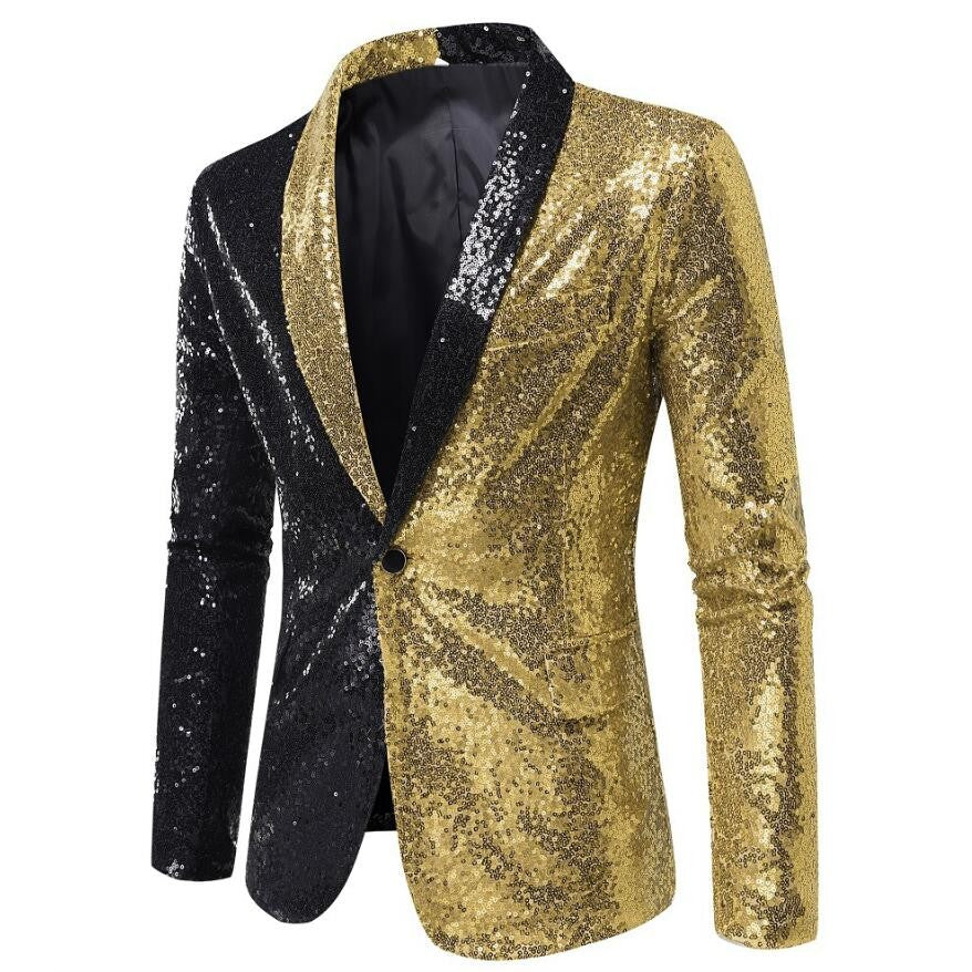 Shiny Gold Sequins Blazer for Men's New Slim Fitting Splicing Men's Suit Night Club Party DJ Stage Singer Dance Show Dress Homme