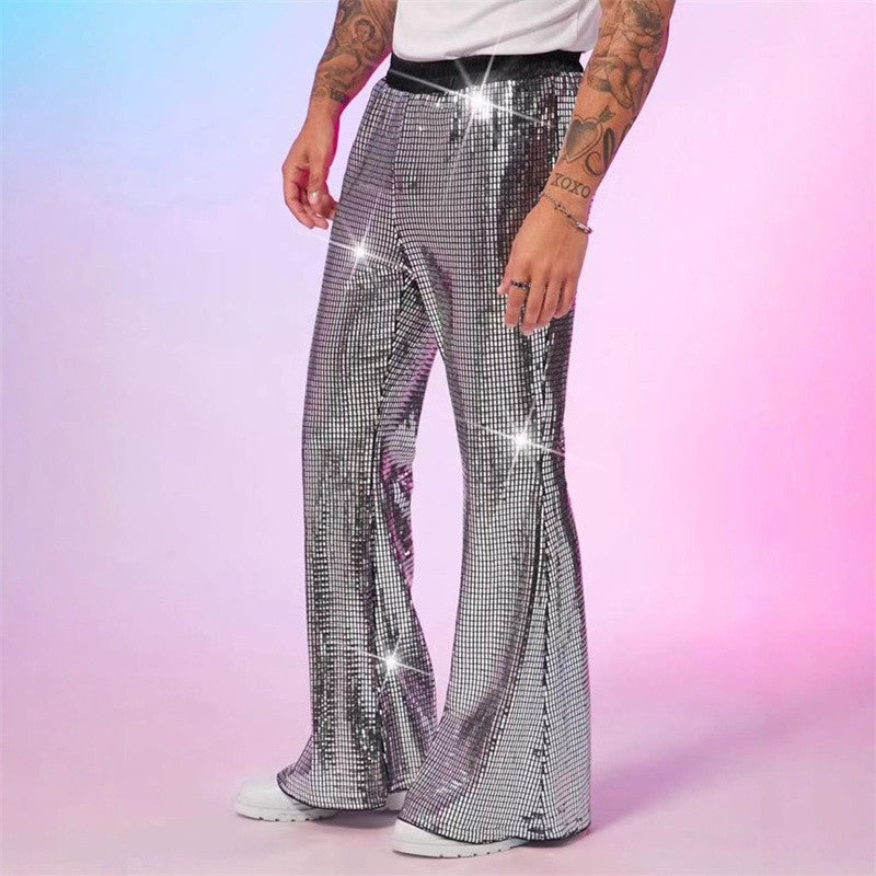 2025 Verão Novas Calças Masculinas de Luxo Casuais Moda Cantor Bar KTV Performance de Palco Solta Respirável Calças Prateadas