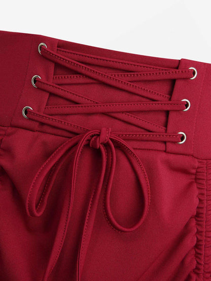 ROSEGAL Plus Size Skirts Women High Elastic Waist Gothic Floral Lace Trim Lace-up Cinched Two Tone Patchwork A Line Skirt