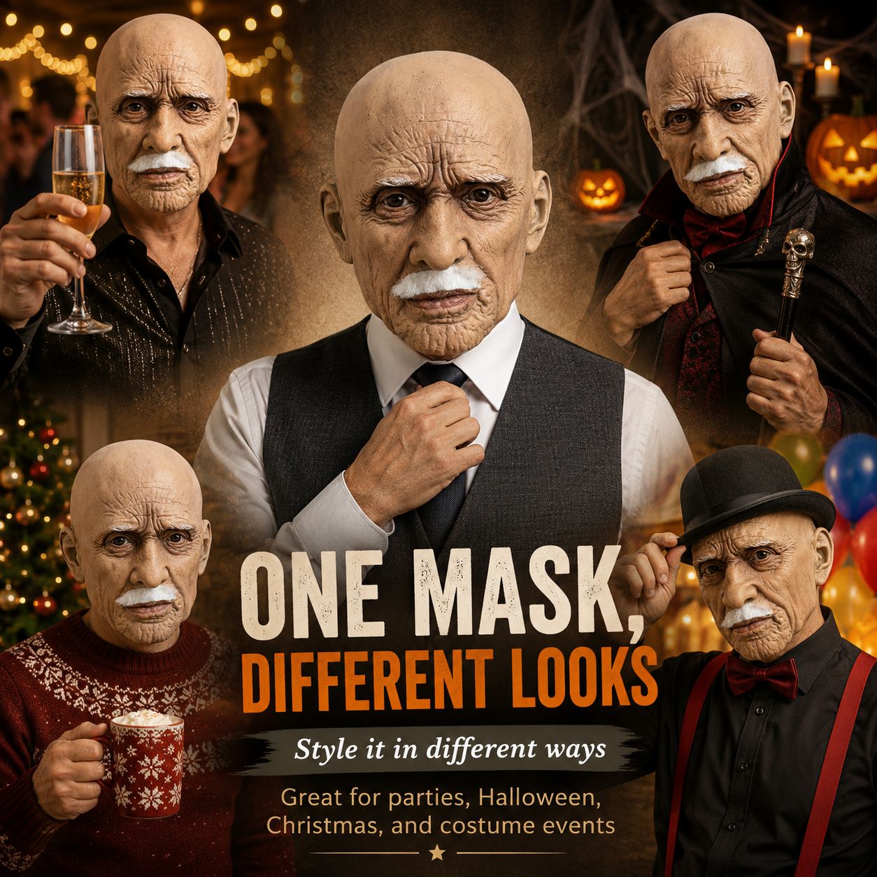 Realistic Full Head Latex Mask with Beard for Men Halloween Costume Party Prop Old Man Cosplay Headgear